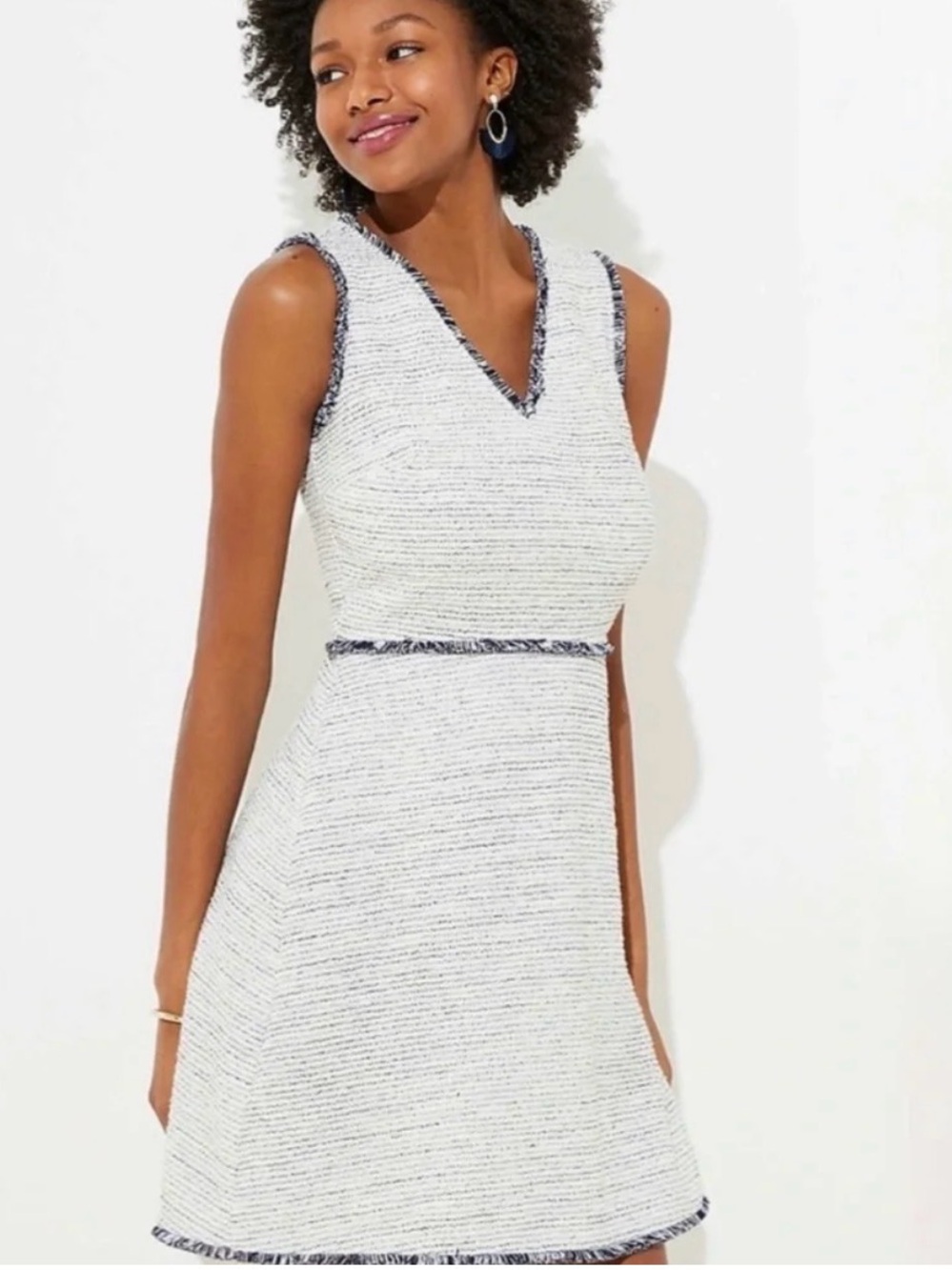 LOFT White Tweed Mini Dress with Navy Trim